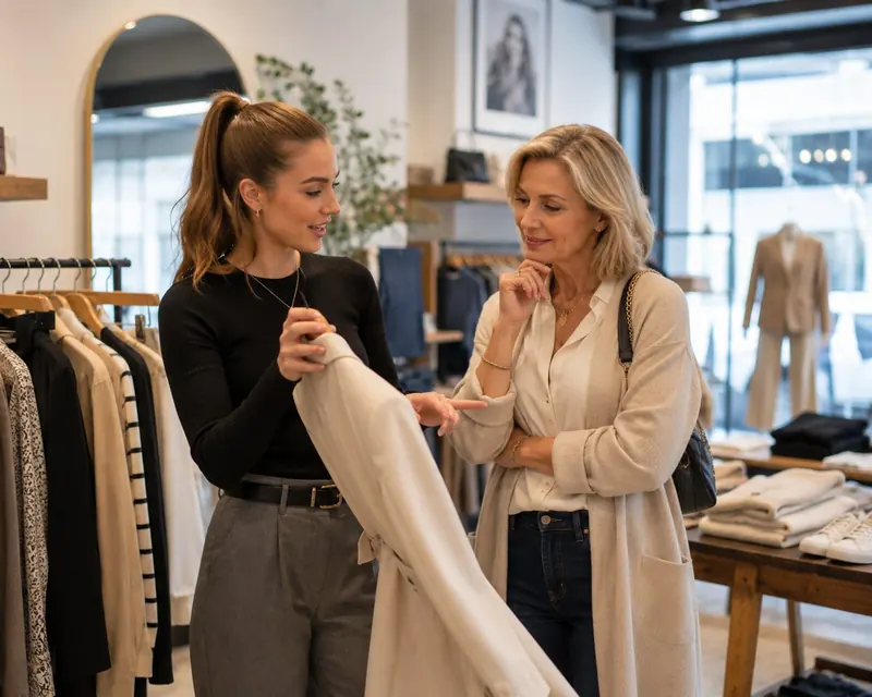 A younger woman helps an older woman look at a light coat in a clothing store.